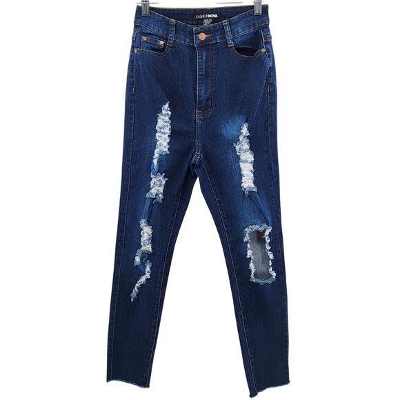 Fashion Nova Dark Blue Wash High-Rise Distressed Skinny Jeans Junior's Size 9/10 - Picture 1 of 9